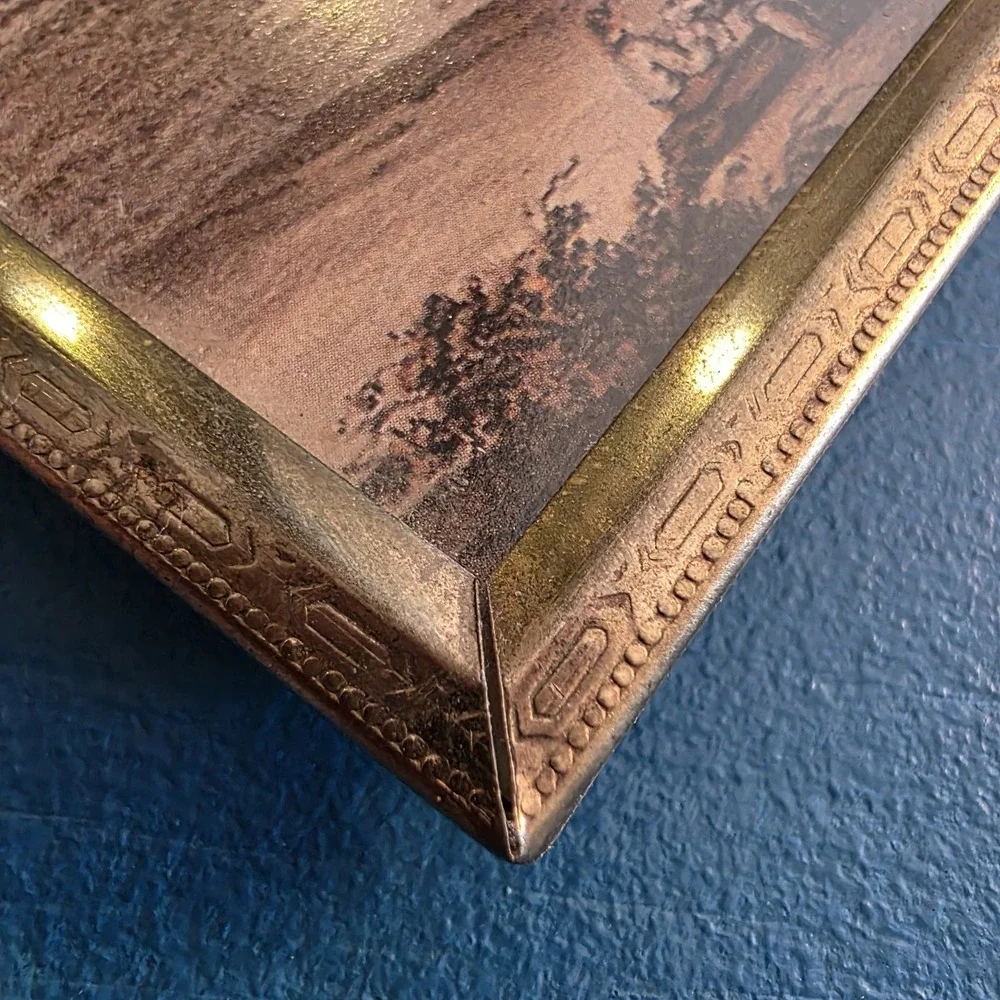 Vintage Brass‎ Embossed Frame Forest Tree Art Print Glass Front 3.75
